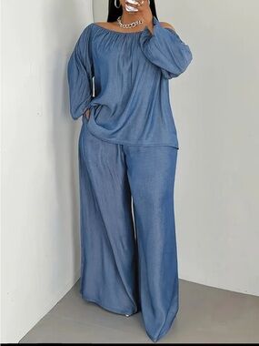 Relaxed Off-Shoulder Wide-Leg pantsuit- Blue